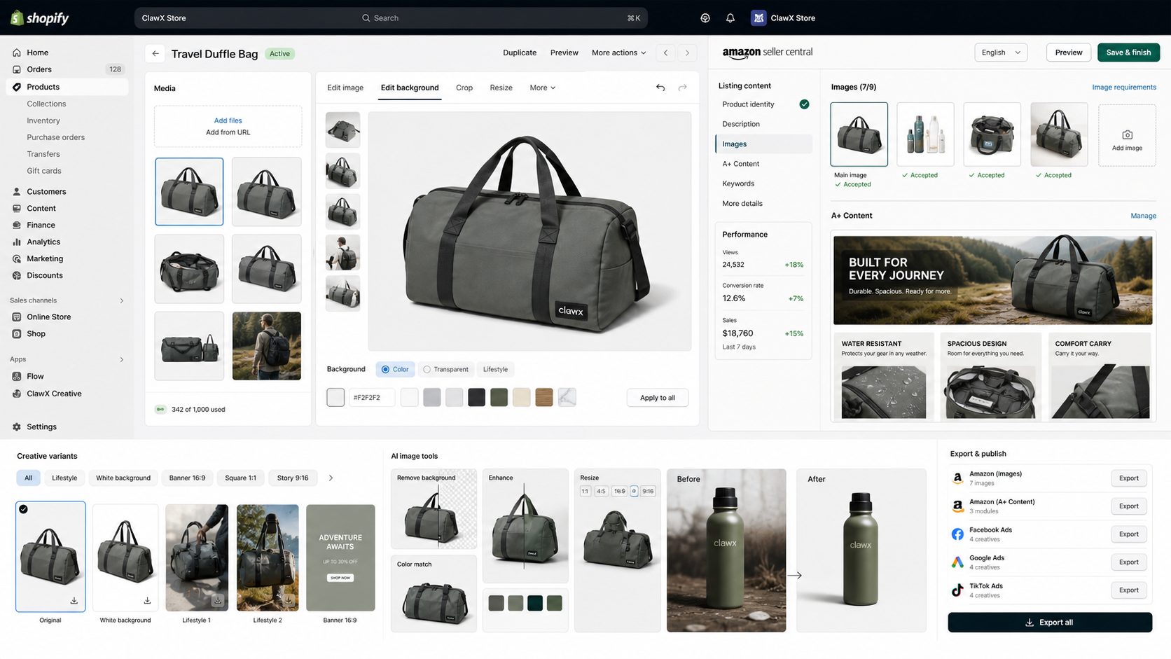Creative Agent editing Shopify media and Amazon listing images