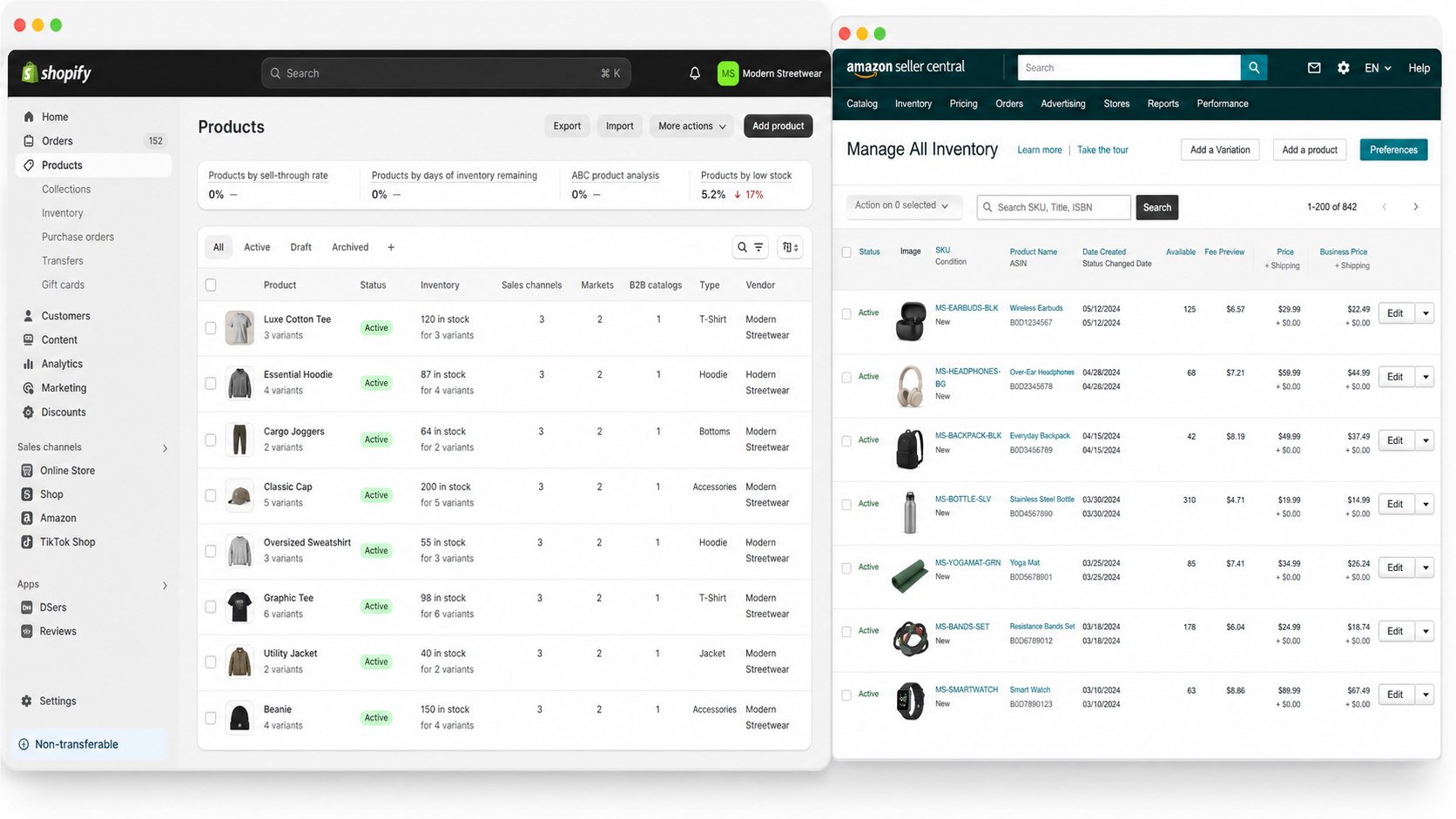 Product Agent operating Shopify products and Amazon inventory screens